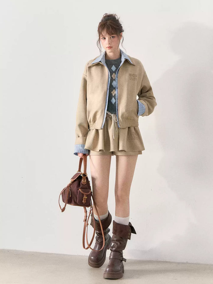 [TMMG] Light Khaki Suede Faux Two-Piece Jacket & Skirt Set