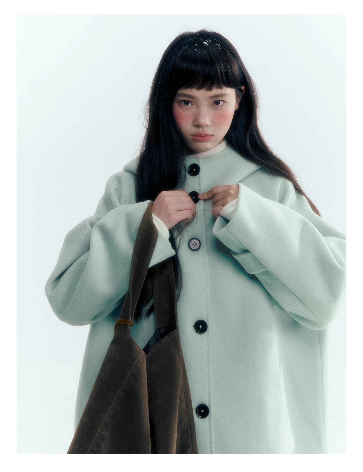 Pale Aqua Green Hooded Cocoon Wool-Blend Coat