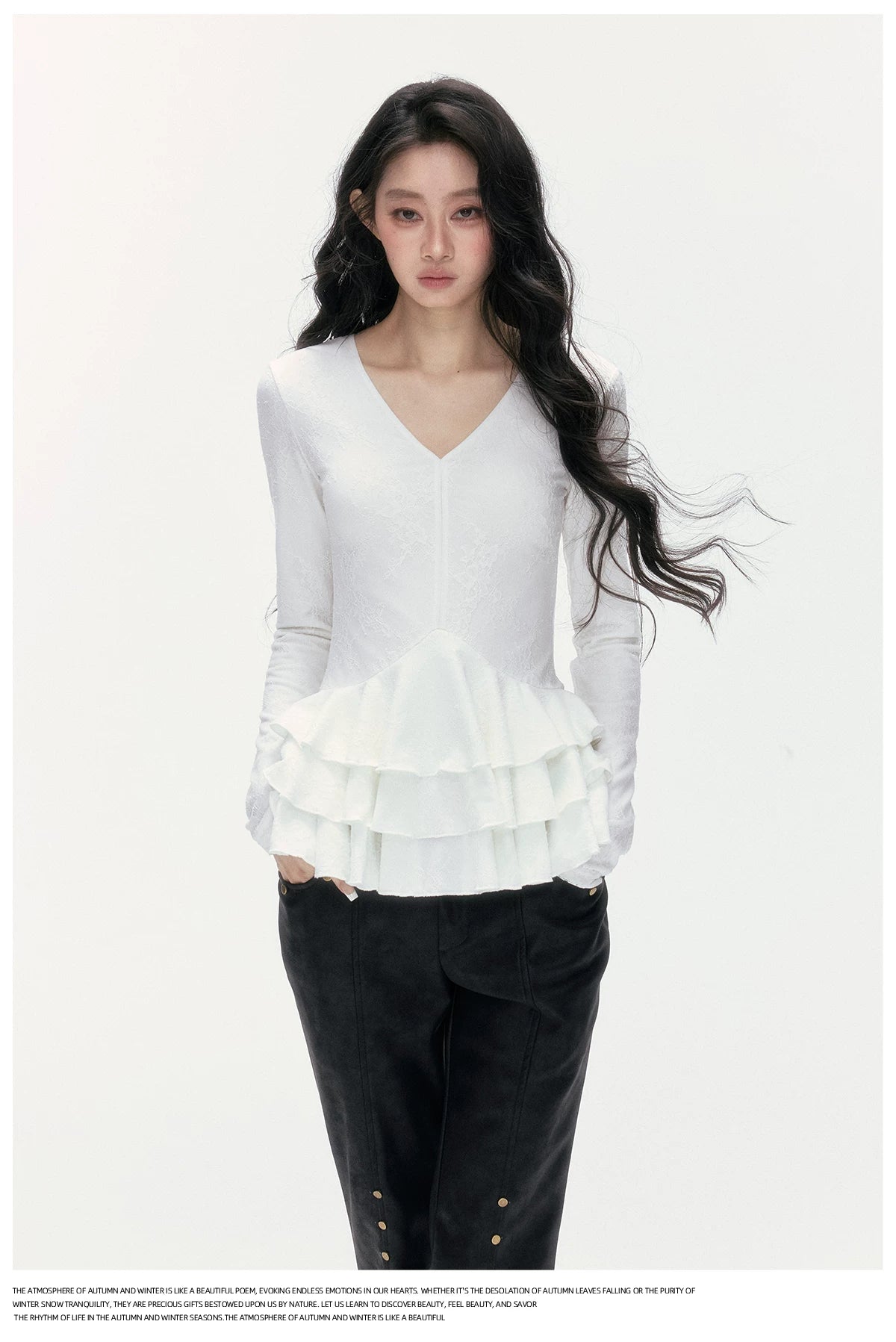 24olvides - V-Neck Lace Top with Tiered Hem (White / Khaki)