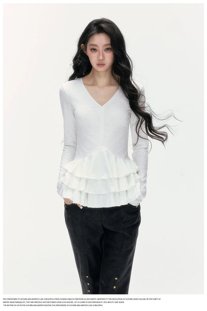 24olvides - V-Neck Lace Top with Tiered Hem (White / Khaki)