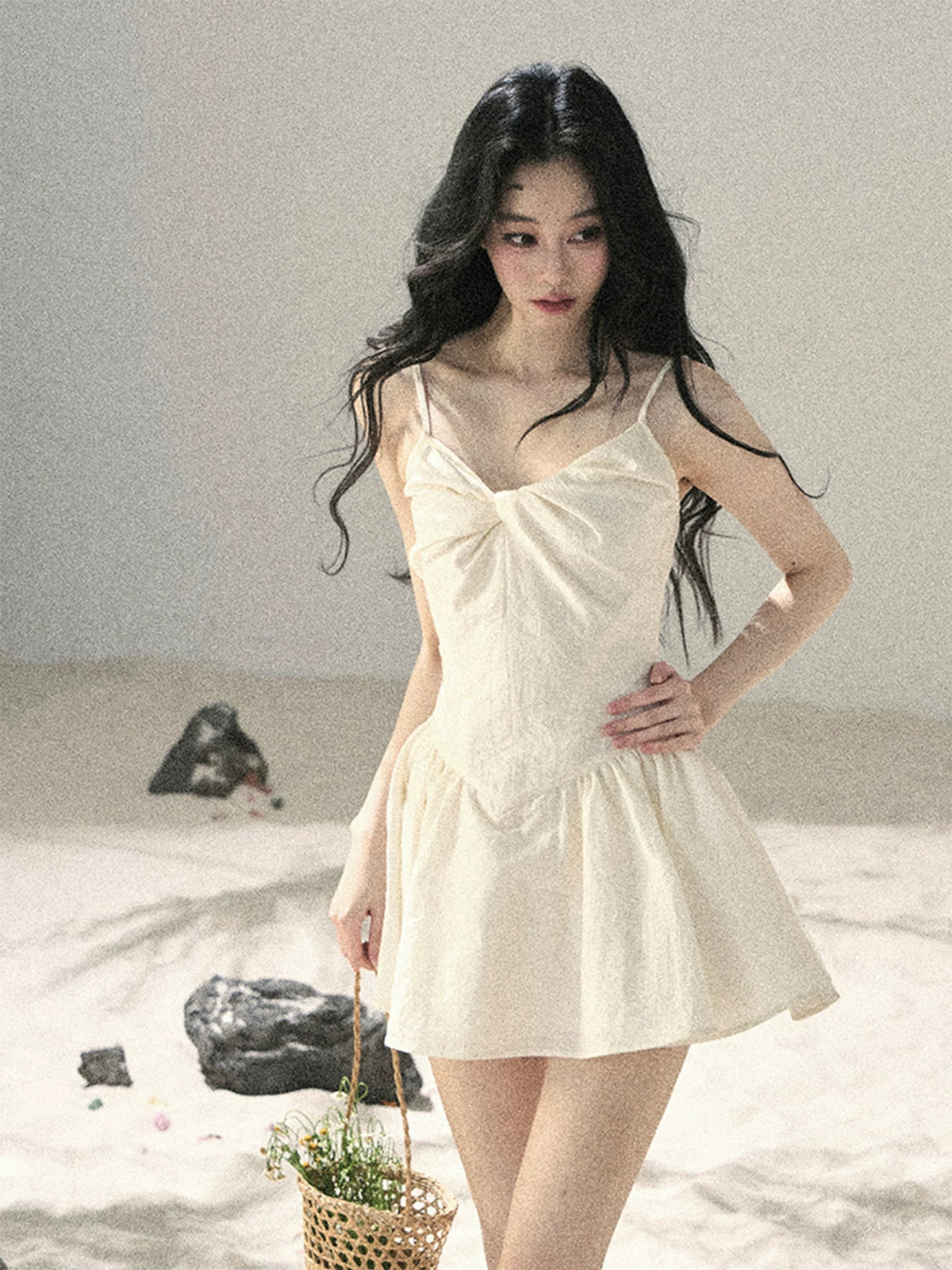 "Veiled in Mist" Cream Apricot Puff Mini Dress & Chiffon Shawl Set 5348
