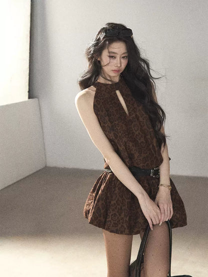 AOMALM - Merlot Leopard Print Bubble Sleeve Dress with Vintage Belt