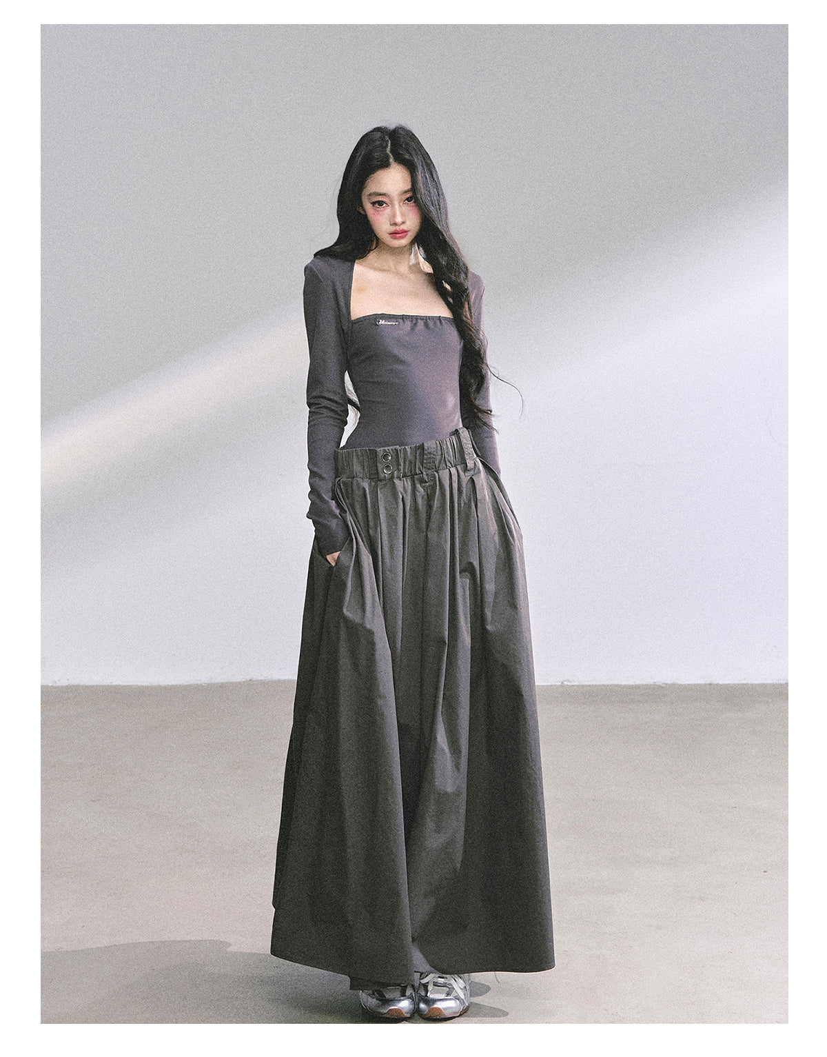 少也眼 "K-Show Muse" Elegant French Hepburn Long-Sleeve Dress - Gray 47867864