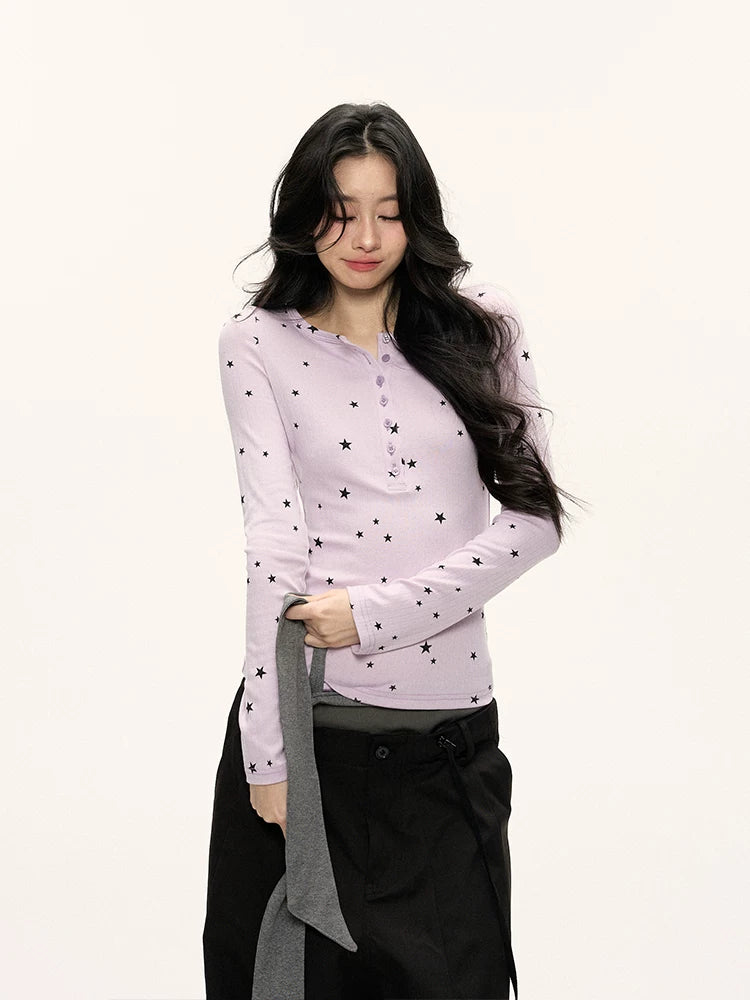 JN's DESIGN - Star Print Fitted Henley Long-Sleeve Top (White / Taro Pink-Purple)