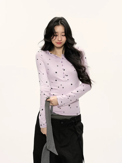 JN's DESIGN - Star Print Fitted Henley Long-Sleeve Top (White / Taro Pink-Purple)