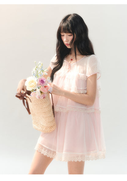 [CAN] "Peach Mist Sorbet" Pink Lace Chiffon Dress Set