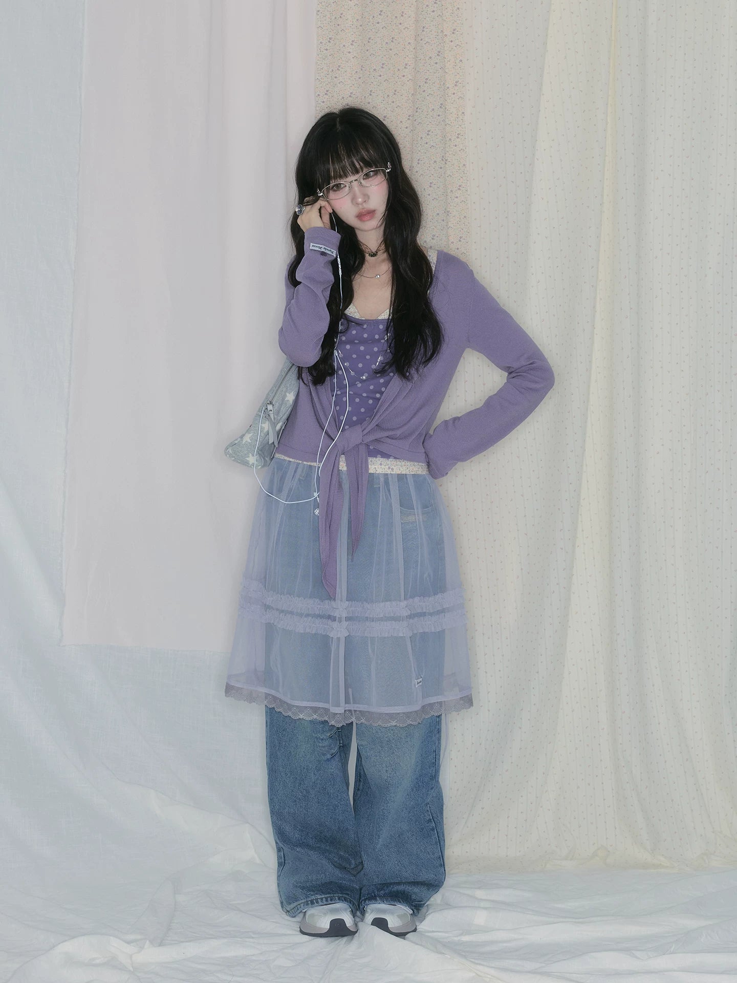 "Lavender Daydream" Layered Collection (Cami Top / Tie Cardigan / Pleated Midi Skirt / Mesh Overlay Skirt / Vintage Jeans)