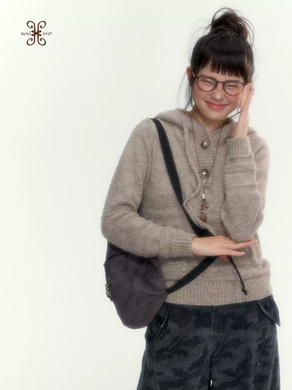 Oatmeal Ribbed-Hem Hooded Knit Sweater
