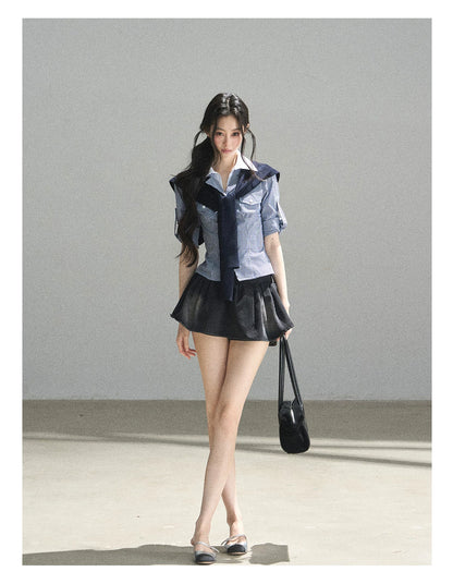 "Shimmer Across the Sea" Denim Bubble Skort (Rock Black/ Vintage Blue)