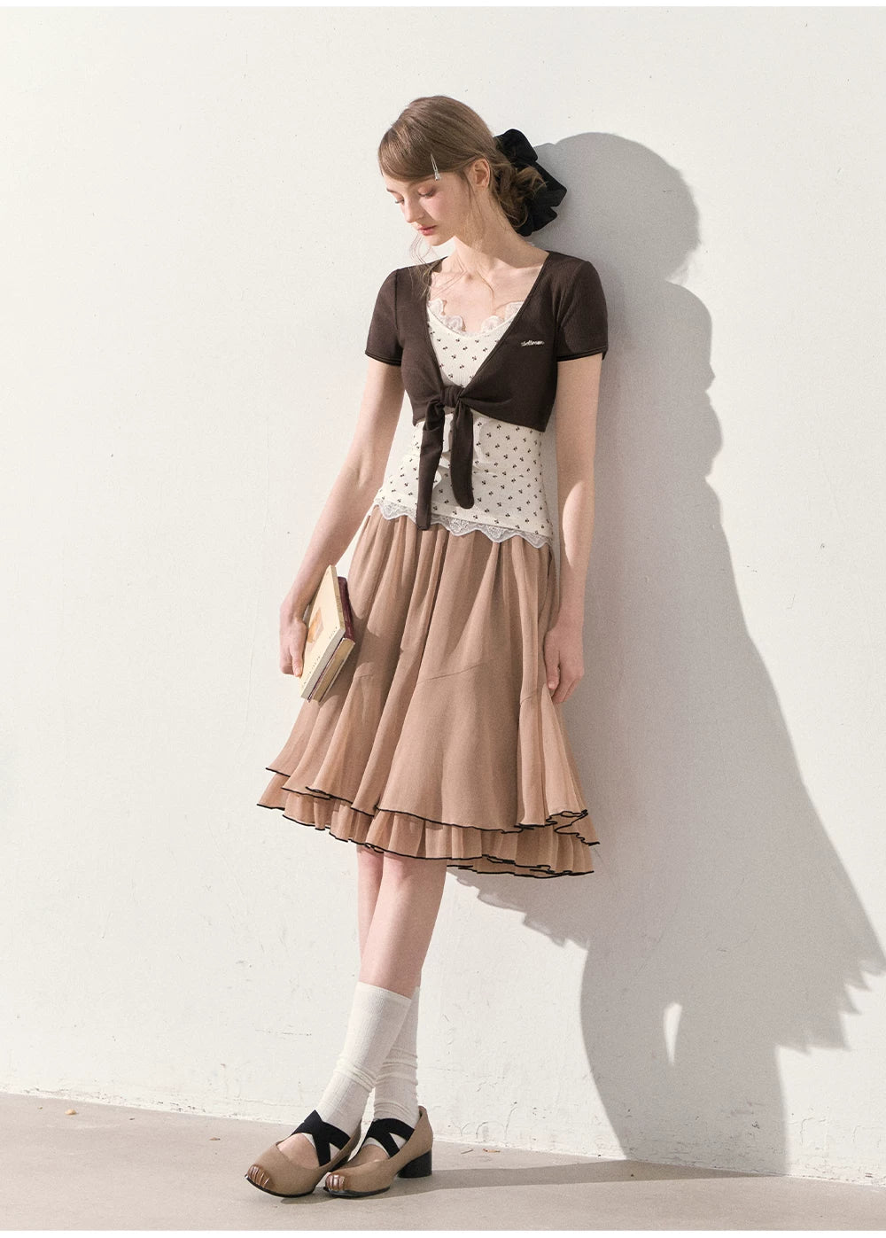 "Summer Café Encounter" Chocolate Knit Cardigan, Floral Lace Cami & Mocha Chiffon Skirt Set