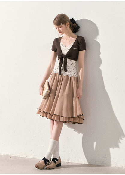 "Summer Café Encounter" Chocolate Knit Cardigan, Floral Lace Cami & Mocha Chiffon Skirt Set