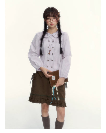 “Academy Melody” Navy Plaid & Dusty Purple Peter Pan Collar Cotton Shirt (Navy Plaid / Dusty Purple)