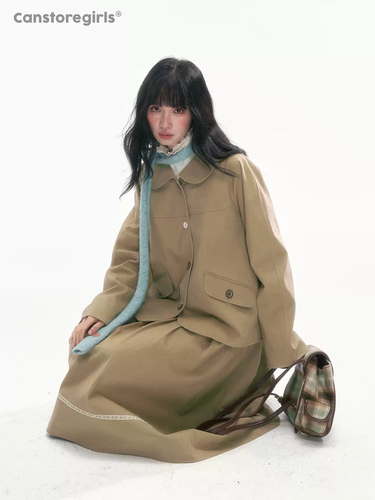 [CAN] Khaki Peter Pan Collar Jacket & Midi Skirt Set
