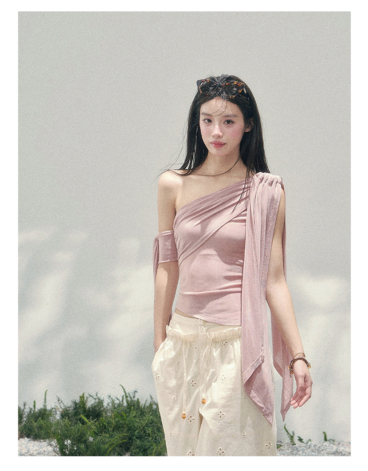 “Sunset Coral” Asymmetrical Ribbon Sleeve Crop Top