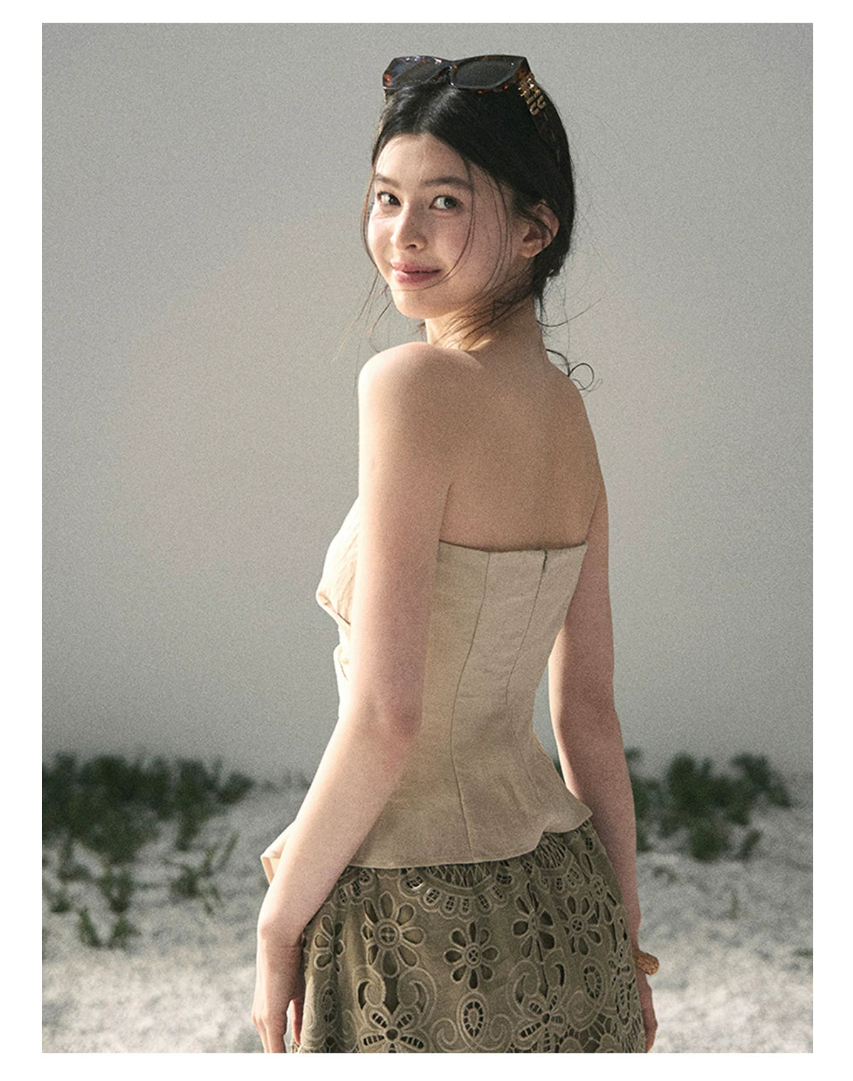 “Moonlit Haze” Dutch Cream Strapless V-Notch Top