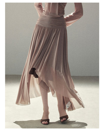 170726 "Waiting for Autumn Rain" Silver Mouse Gray Off-Shoulder Pleated Skirt Set