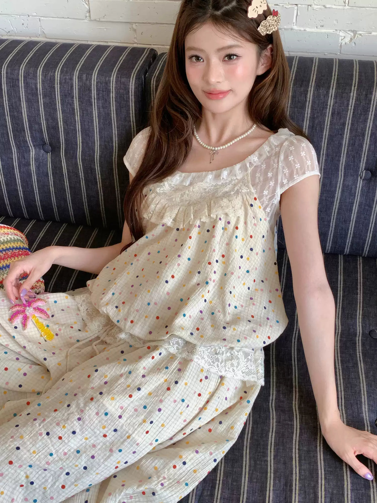 [RF] “Milk Cloud” Ivory Rainbow Polka Dot Bloom Pants Set