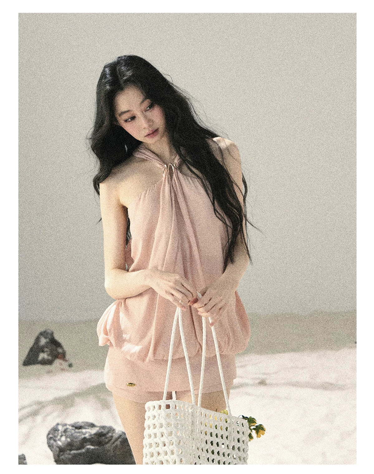 "Soft Luminous Glow" Misty Pink Halter Top & High-Waisted Skort Two-Piece Set