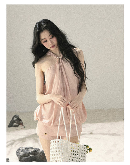 "Soft Luminous Glow" Misty Pink Halter Top & High-Waisted Skort Two-Piece Set