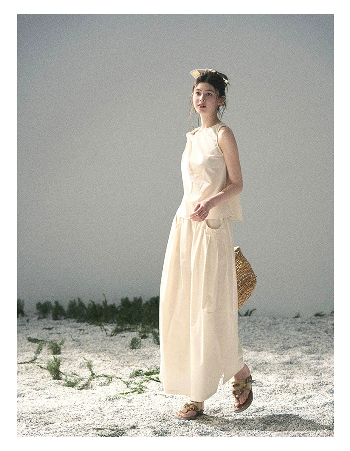 “Ivory Pleated Verse” Soft White Asymmetrical Twist Top & Skirt