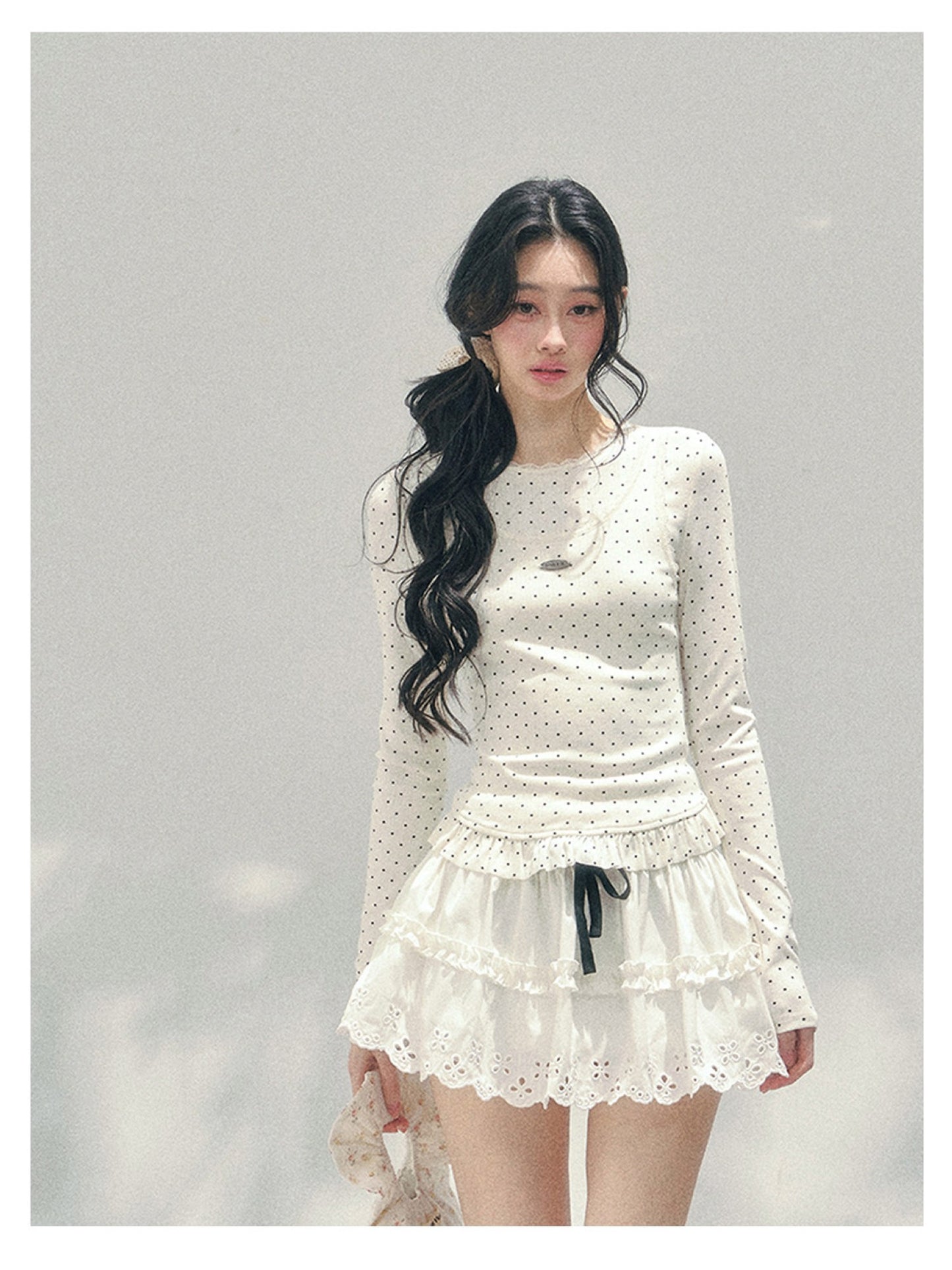 少也眼 “Soft Muse Student” Lace Polka Dot Faux-Layer Shoulder Tee 6747668