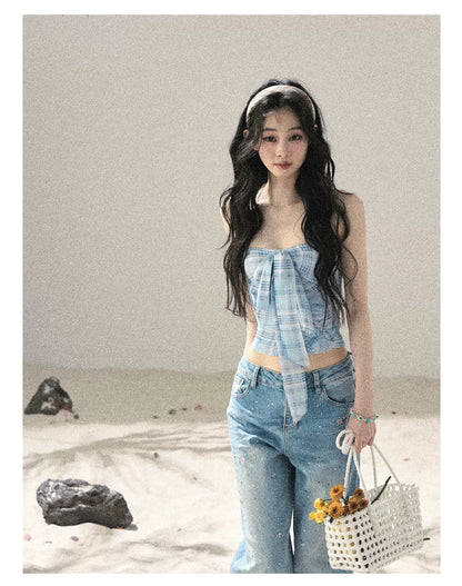 "Blue Danube Reverie" Mist Blue Bow Bandeau Crop Top & Cardigan Set 54638463