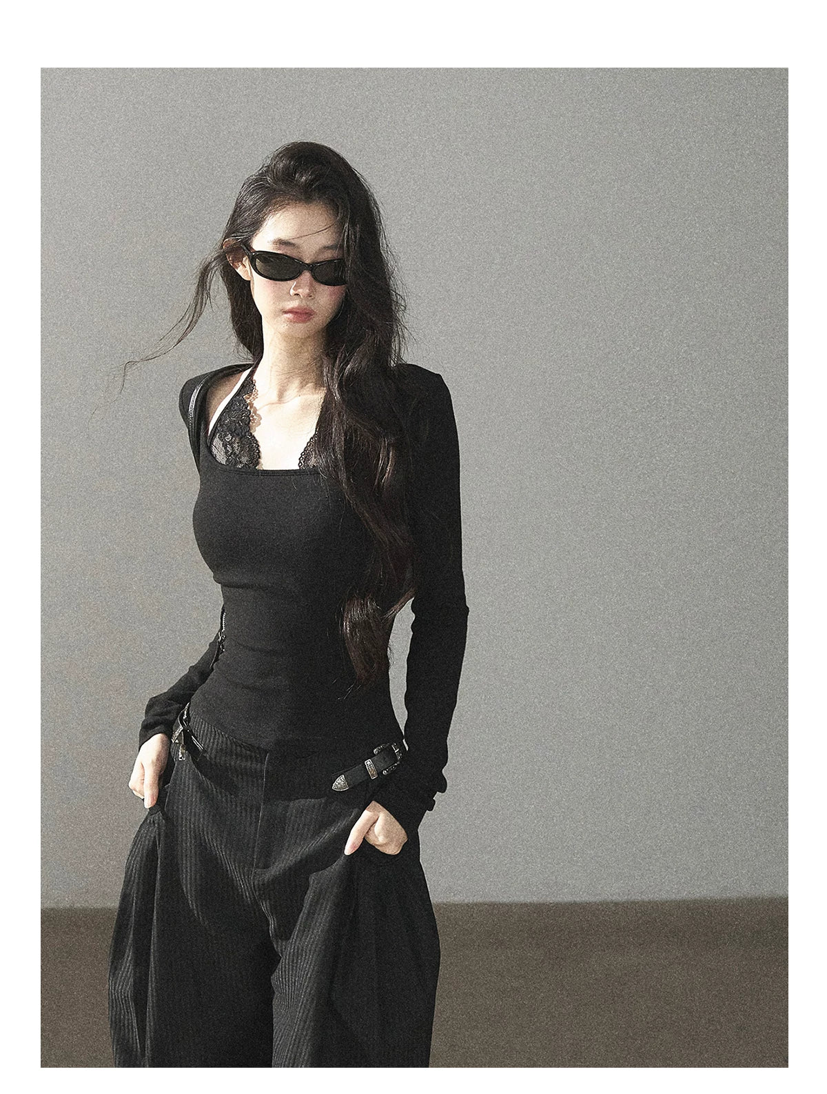 AOMALM - "Flowers at Dusk" Black Faux-Layer Lace Halter Knit Top