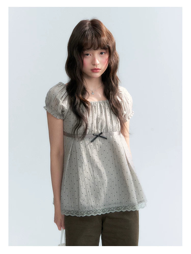 "Polka Dot Constellation" Gray Polka Dot Square Neck Puff Sleeve Top