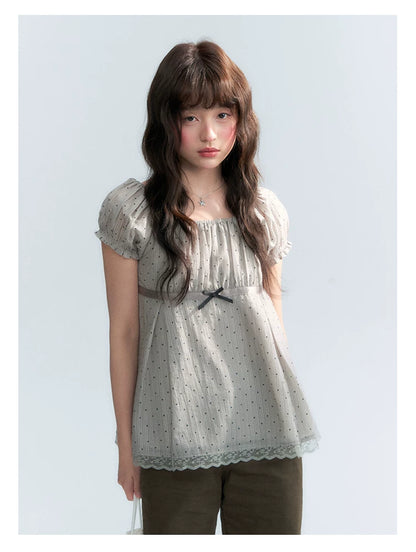 "Polka Dot Constellation" Gray Polka Dot Square Neck Puff Sleeve Top