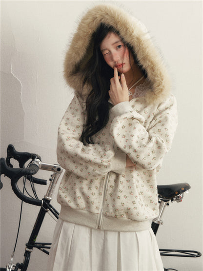 1P - Floral Faux Fur Hooded Fleece Jacket