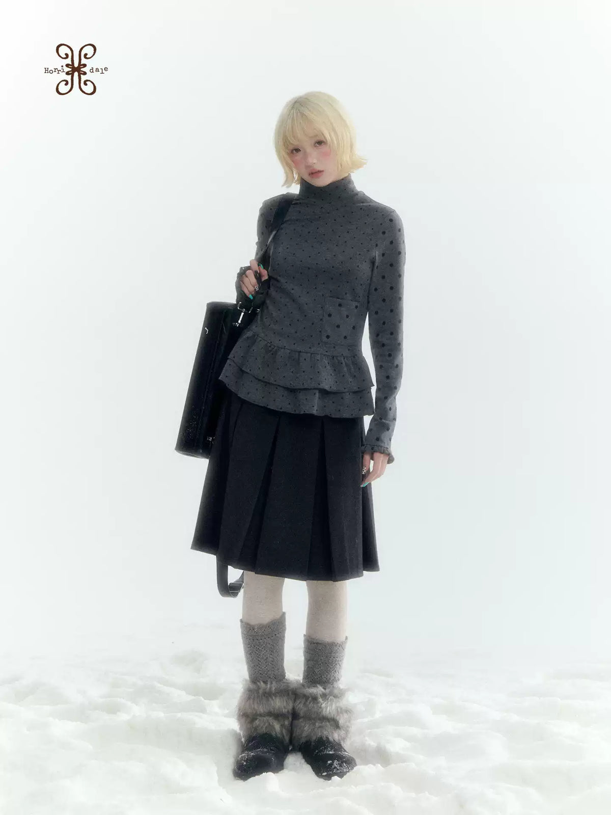 Horridale - Dark Gray Polka Dot Mock Neck Layering Top with Ruffle Hem