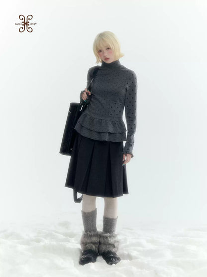 Horridale - Dark Gray Polka Dot Mock Neck Layering Top with Ruffle Hem