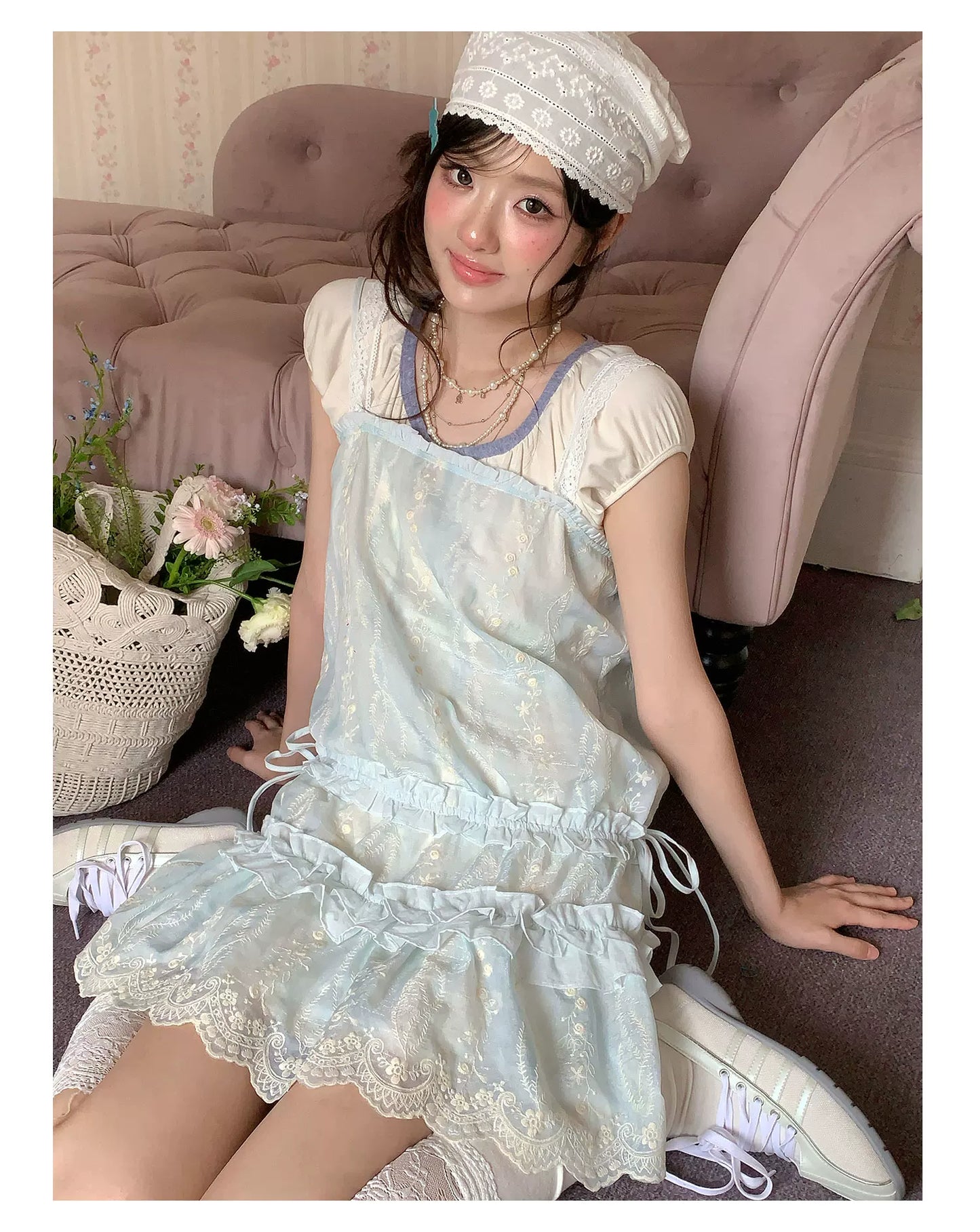 “Summer Dreamloom” Blue Lace Tiered Dress Set (Inner Top + Slip Dress)