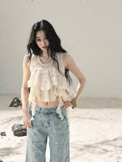 "Moonlight Across the Lake" Pale Goose Yellow Chiffon Mesh Sleeveless Crop Top
