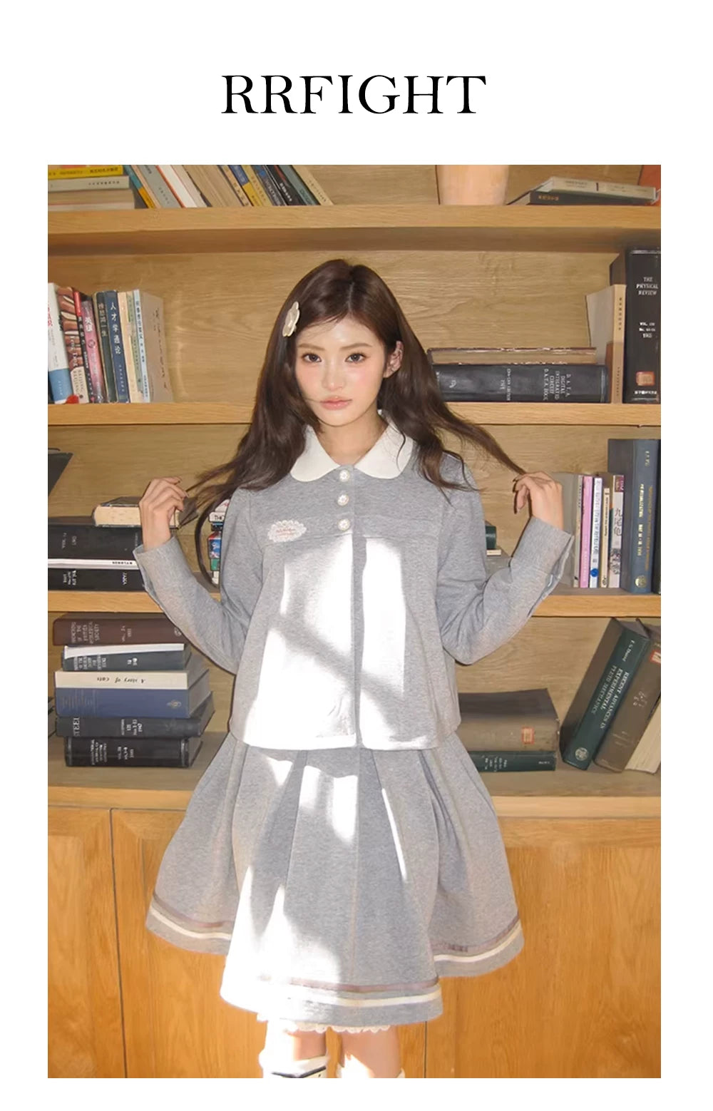 “Misty Academy Reverie” Light Grey Cropped Top & Bubble Mini Skirt