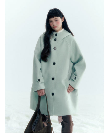 Pale Aqua Green Hooded Cocoon Wool-Blend Coat