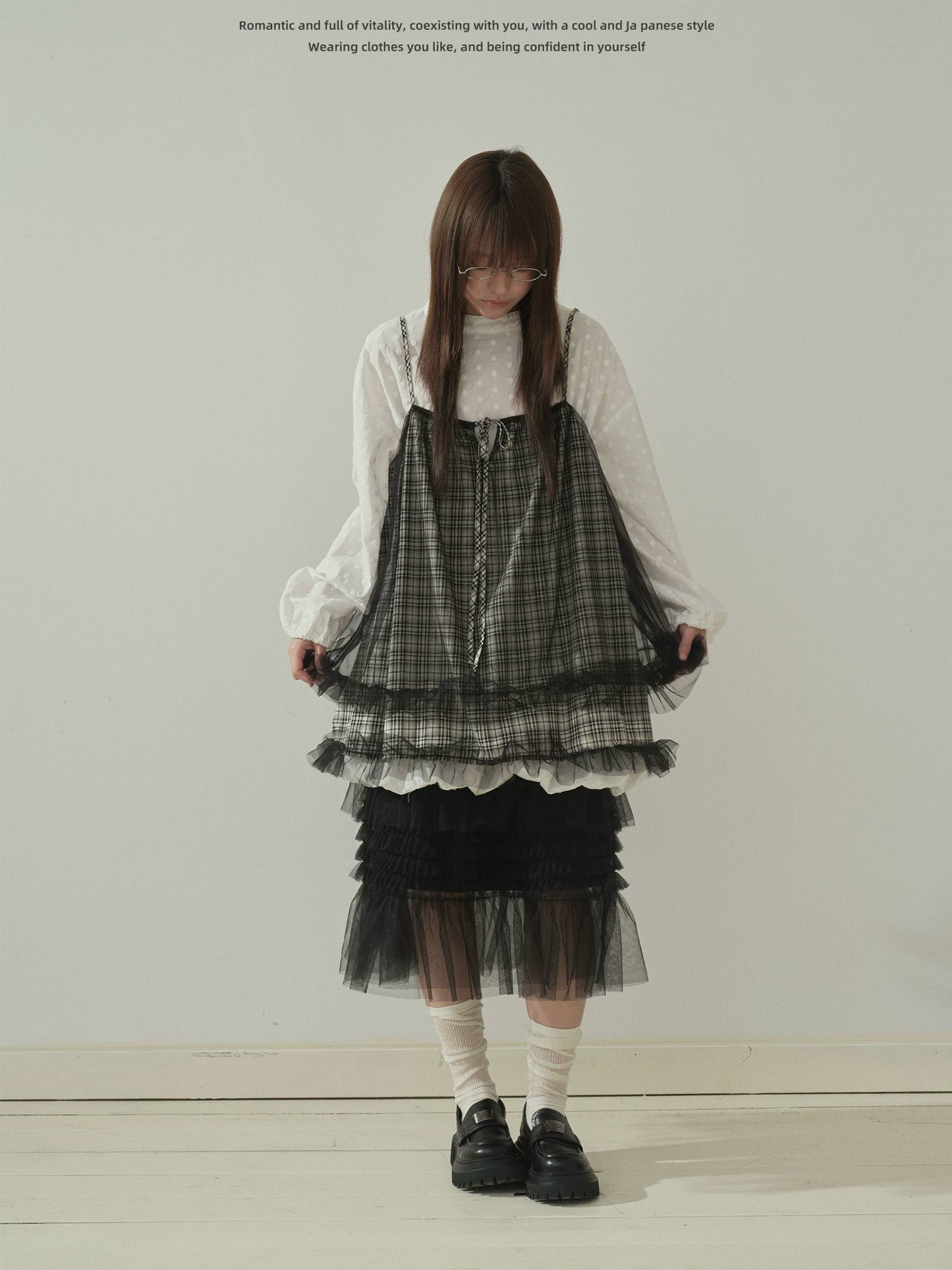 "Layered Breeze" Black & White Plaid Mesh Layering Cami Top