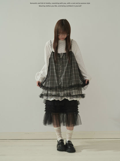 "Layered Breeze" Black & White Plaid Mesh Layering Cami Top