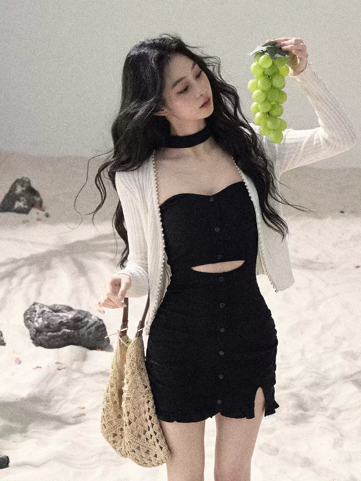 "Between Light and Shadow" Midnight Black Halter Knit Bodycon Mini Dress