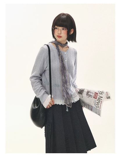 "Wisteria Whisper" Open-Knit Lace Tie Cardigan (Wisteria/ Ivory)