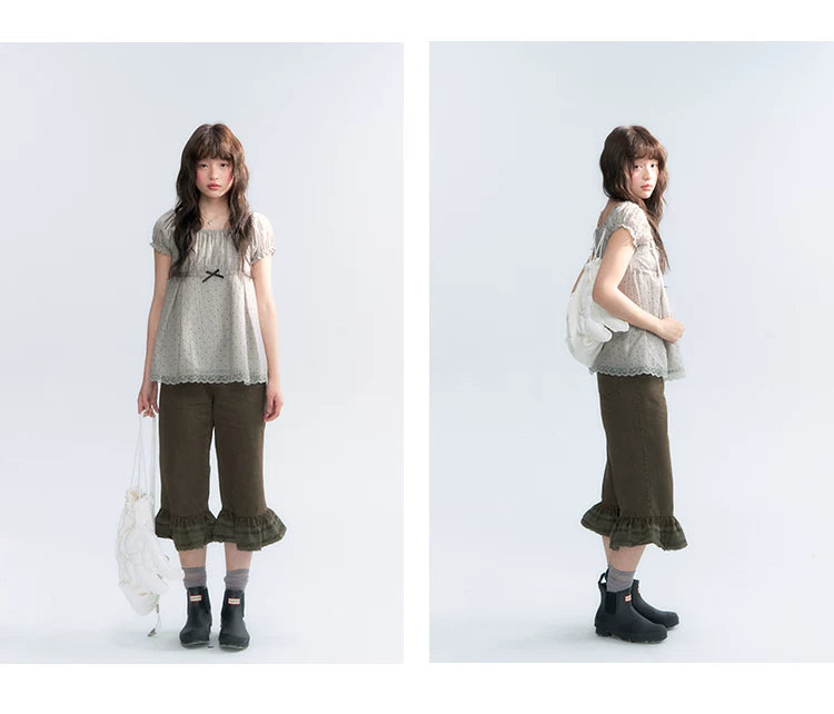 "Polka Dot Constellation" Gray Polka Dot Square Neck Puff Sleeve Top