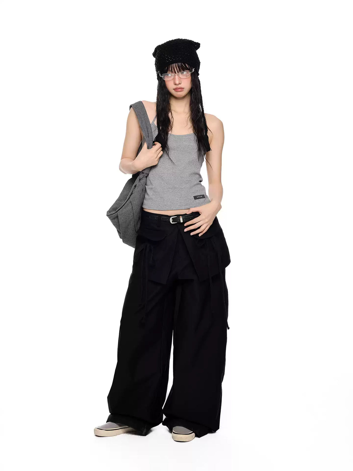 EZEK | Patchwork Drawstring Wide-Leg Lounge Pants (Black / Gray)