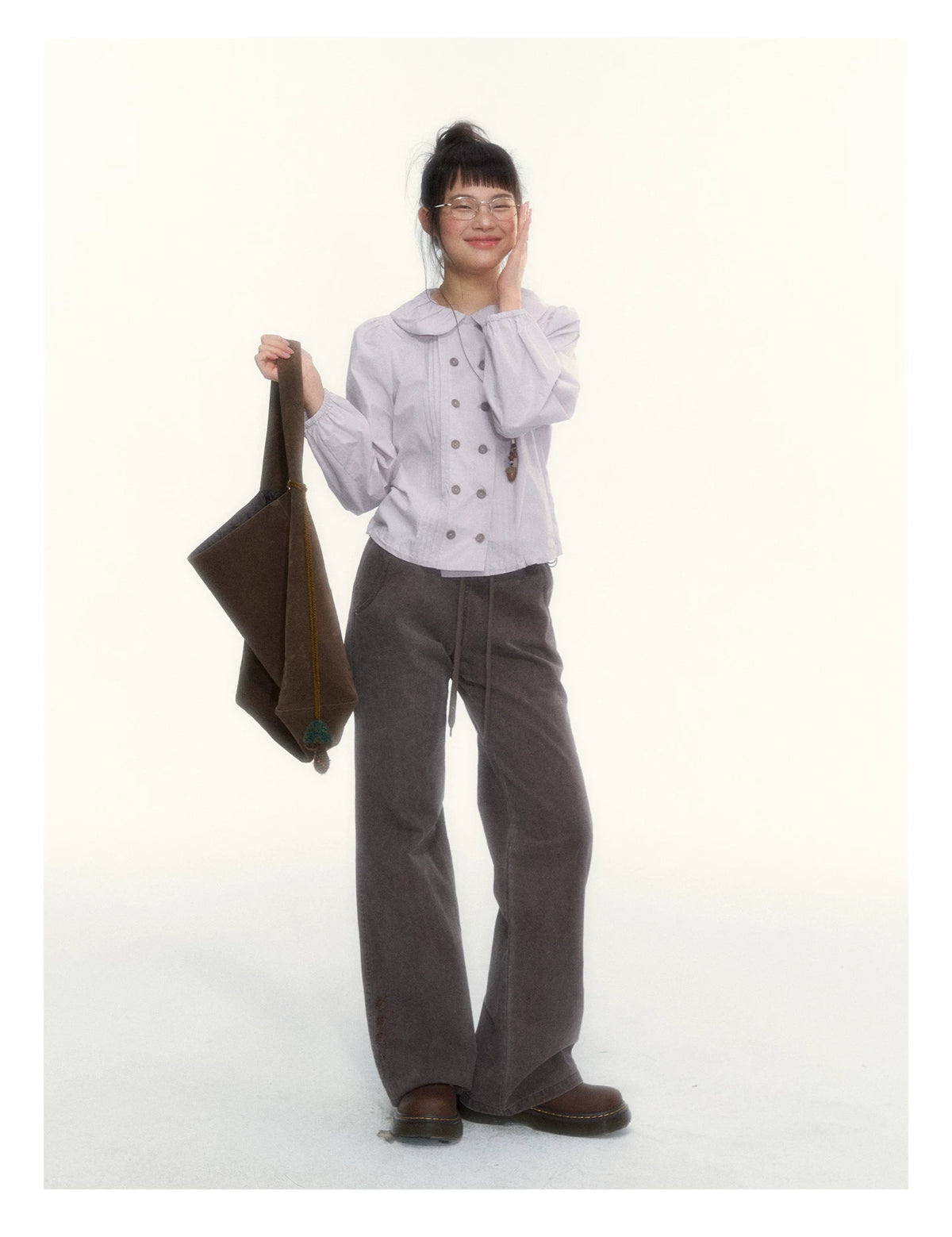 “Academy Melody” Navy Plaid & Dusty Purple Peter Pan Collar Cotton Shirt (Navy Plaid / Dusty Purple)