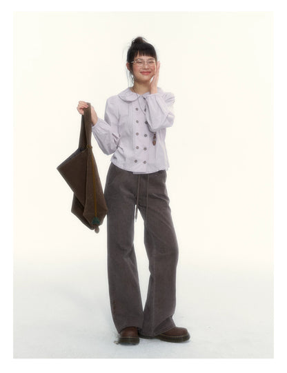“Academy Melody” Navy Plaid & Dusty Purple Peter Pan Collar Cotton Shirt (Navy Plaid / Dusty Purple)