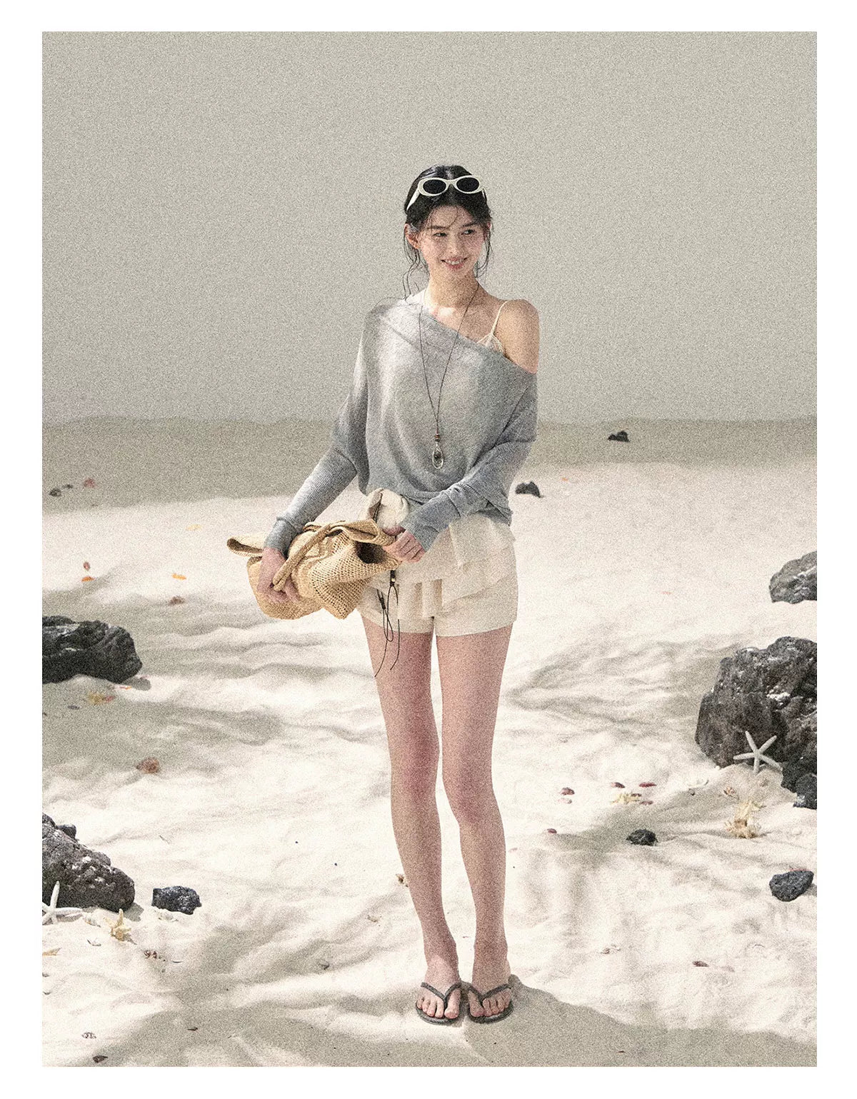 "Misty Veil Whisper" Cloud Trail Gray Off-Shoulder Sheer Sun Protection Top 5345634