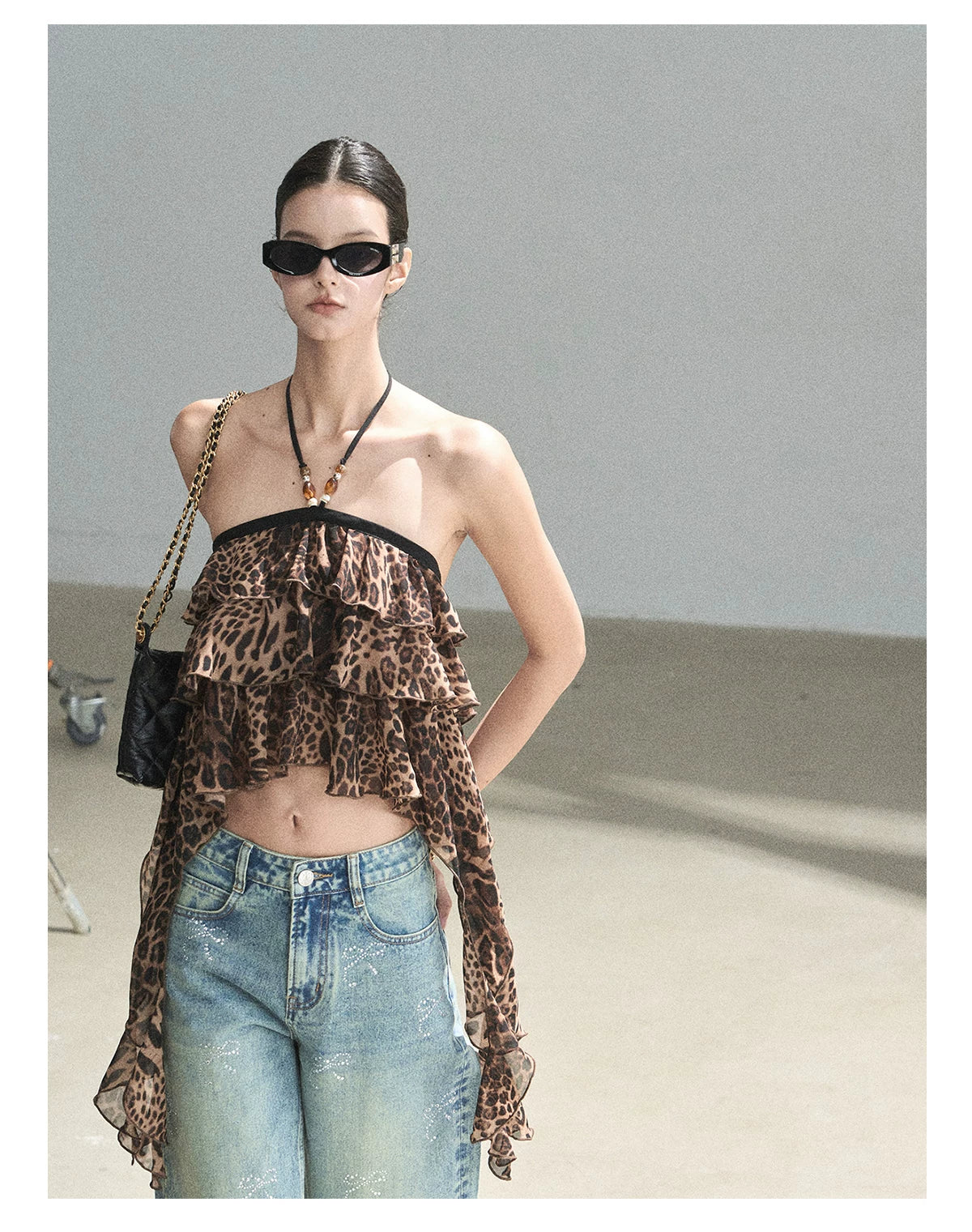 "Chasing the Sunset" Chestnut Brown Leopard Halter Ruffle Crop Top