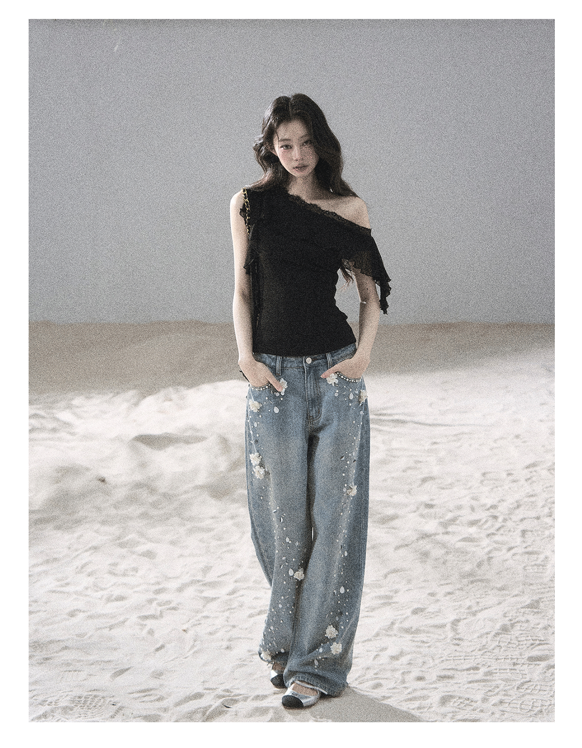 "Starlit Grace" Mist Blue Handmade Floral Wide-Leg Jeans