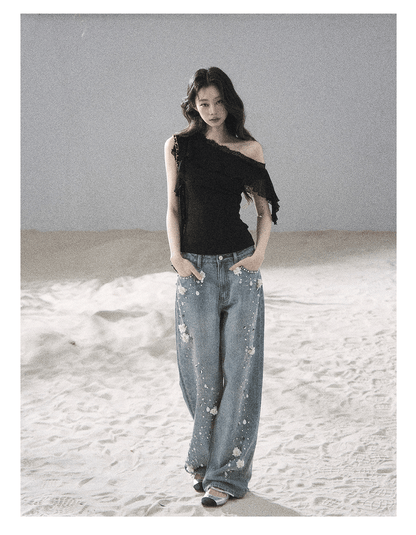 "Starlit Grace" Mist Blue Handmade Floral Wide-Leg Jeans