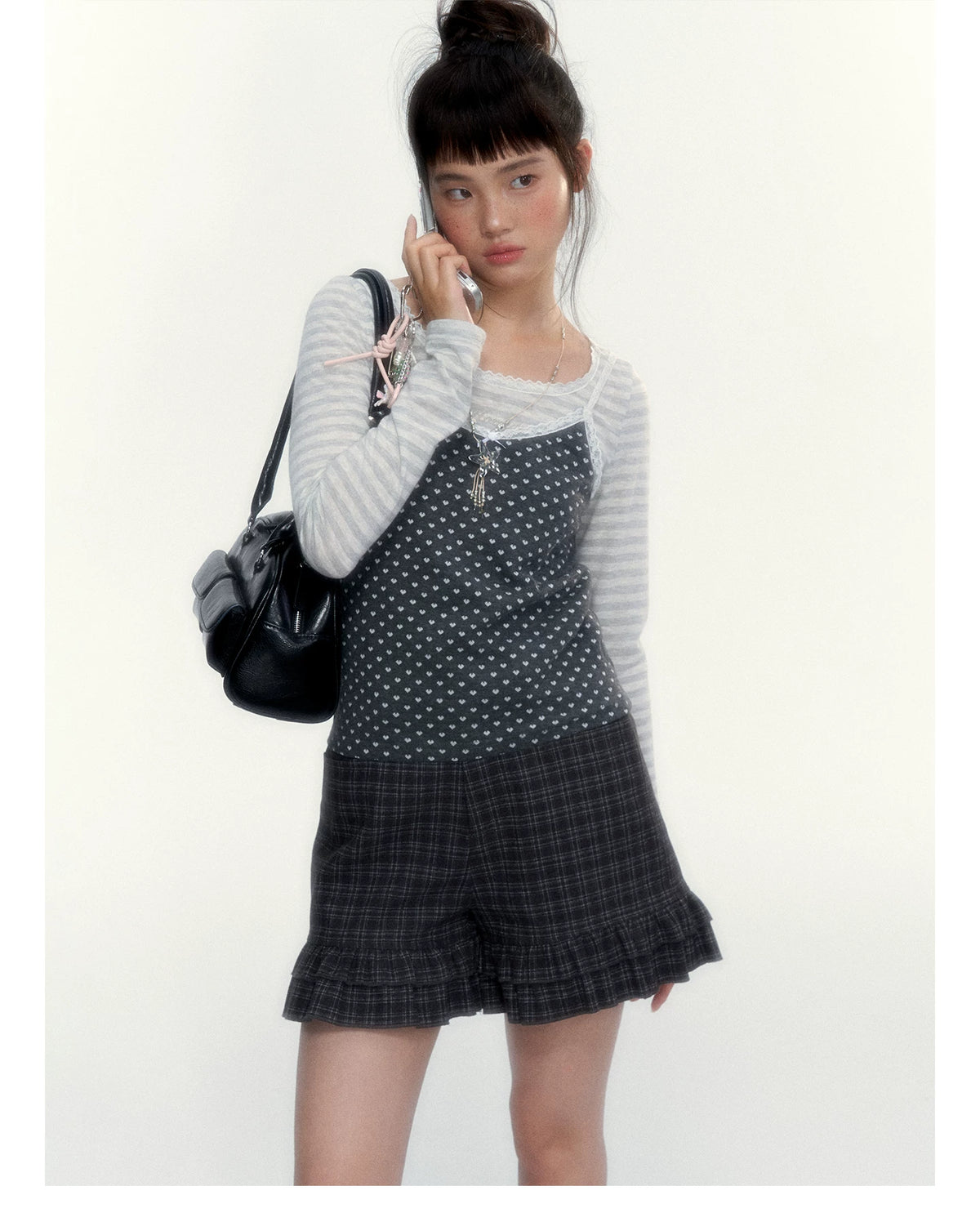 “Heart Dot” Charcoal Polka Dot Lace Trim Fitted Knit Cami