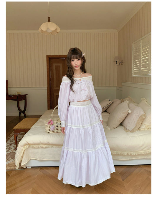 “Misty Blossom Reverie” Light Purple Off-Shoulder Top & Lace Trim Skirt